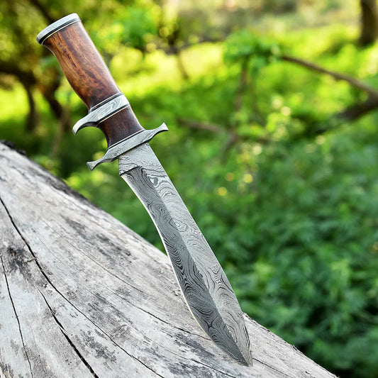Custom Handmade 13" Damascus Steel Civil War Bowie Knife with Rosewood Handle and Leather Sheath