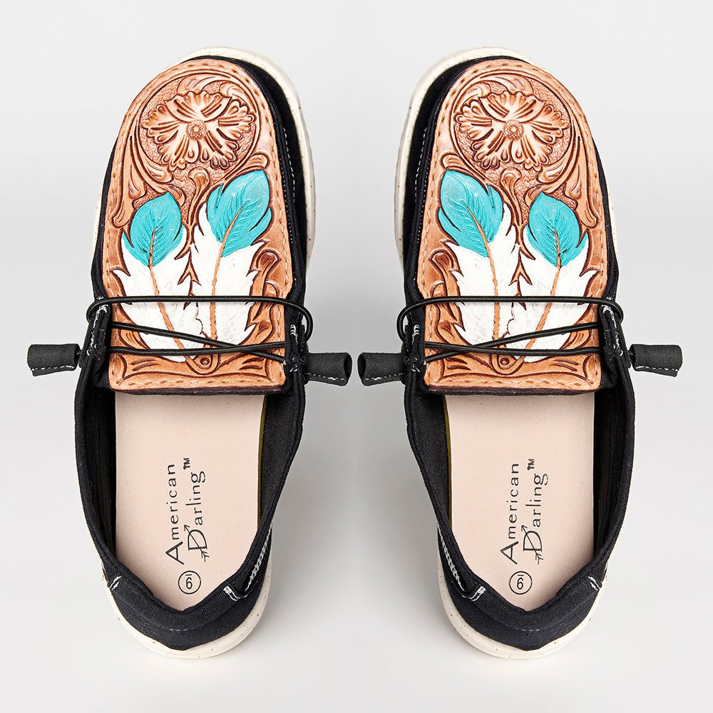 American Darling ADFT133BK3 Hand tooled carved genuine leather trim lightweight shoe footwear slip on