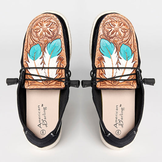 American Darling ADFT133BK3 Hand tooled carved genuine leather trim lightweight shoe footwear slip on