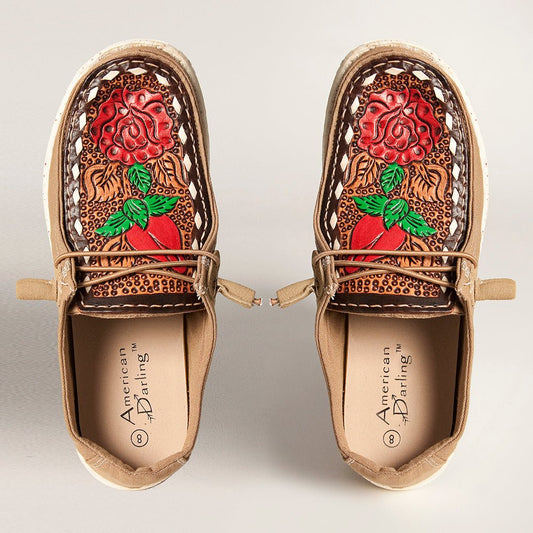 American Darling ADFT133BR12 Hand tooled carved genuine leather trim lightweight shoe footwear slip on