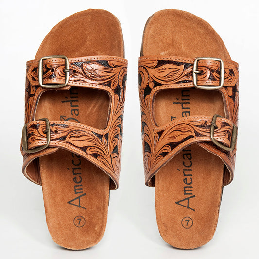 American Darling ADFTE103A Hand tooled carved genuine leather sandal footwear flip flop