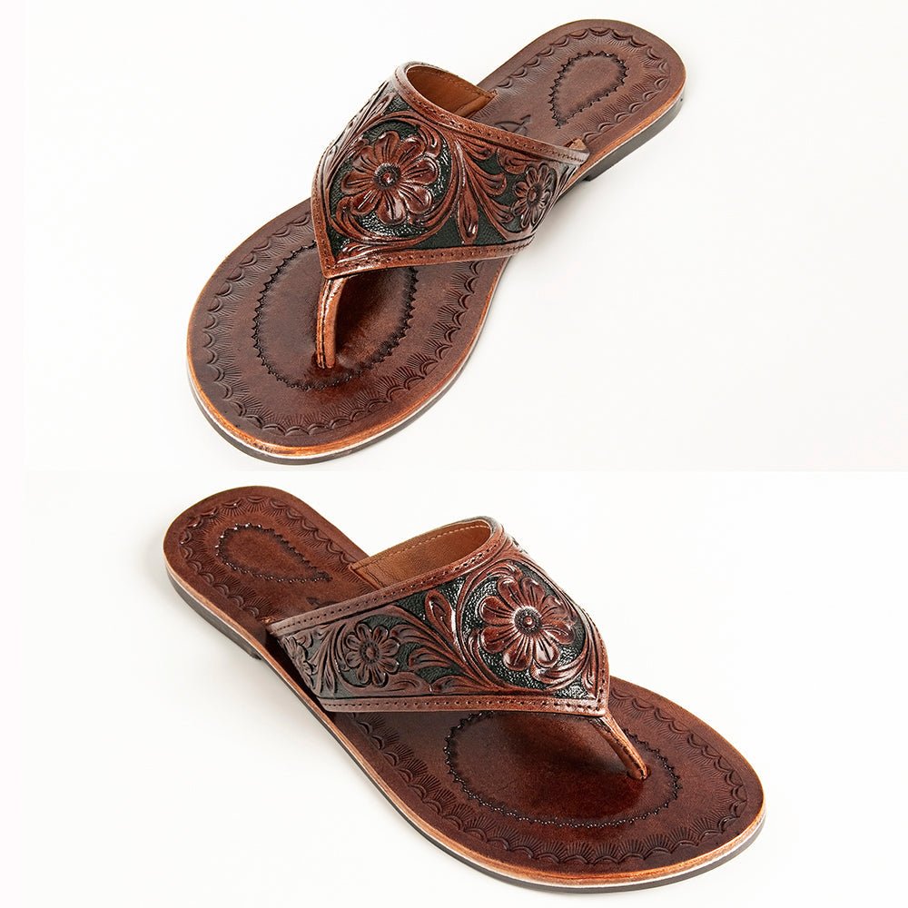 American Darling ADFTE104B Hand tooled carved genuine leather sandal footwear flip flop