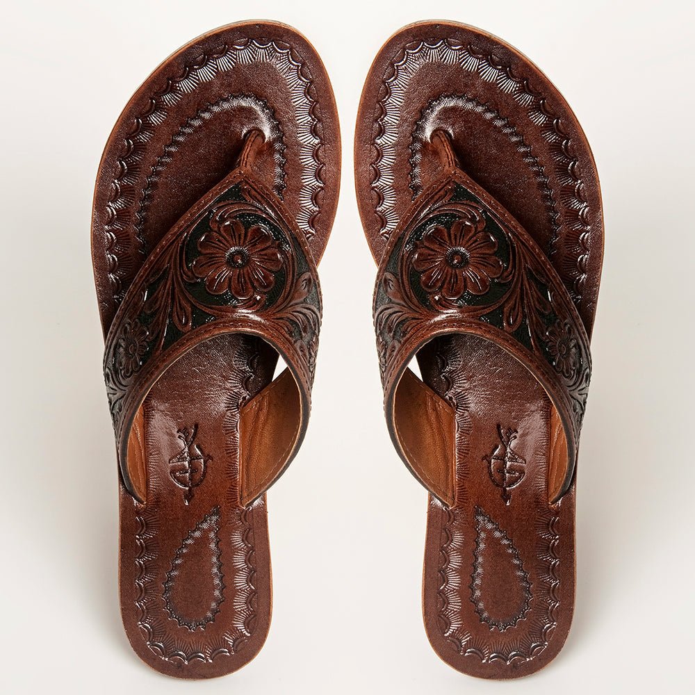 American Darling ADFTE104B Hand tooled carved genuine leather sandal footwear flip flop