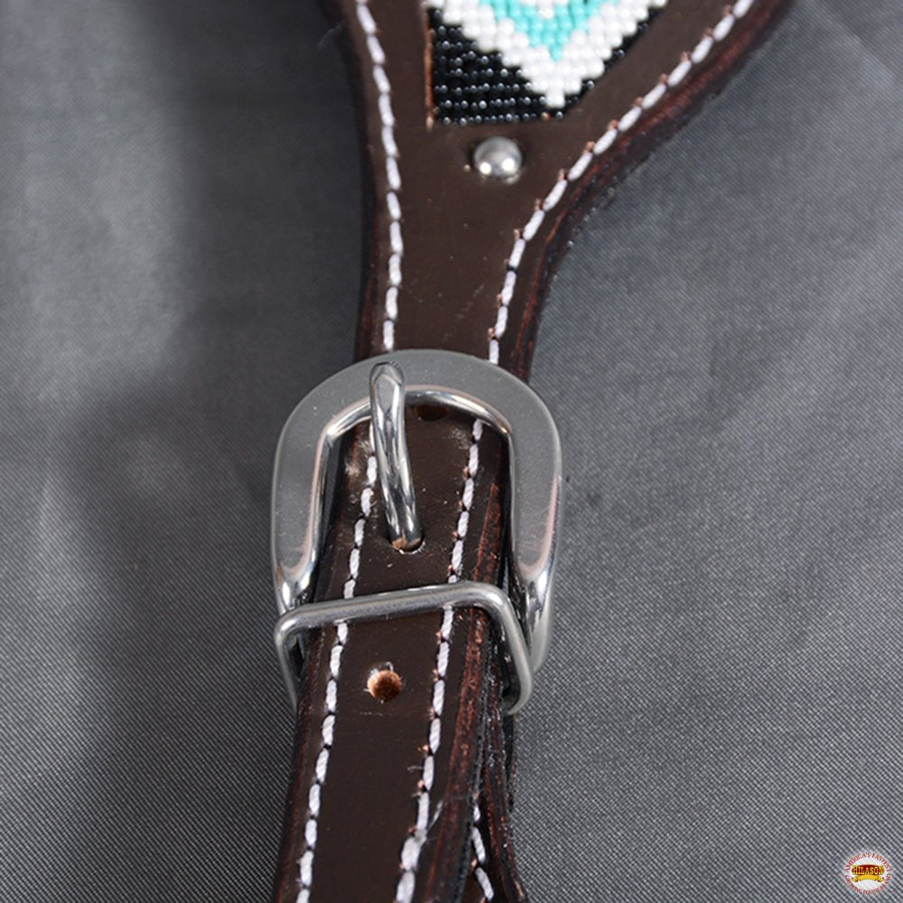 HILASON Horse Beaded Breast Collar One Ear Headstall Noseband Genuine Leather Brown