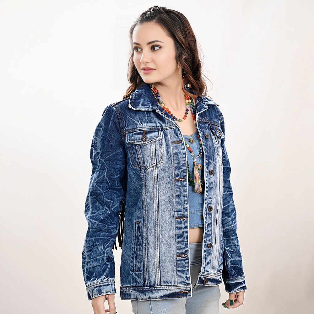 ADJKT020 Genuine leather Hand tooled hand carved Women 100% cotton Denim jacket  dress ladies girl