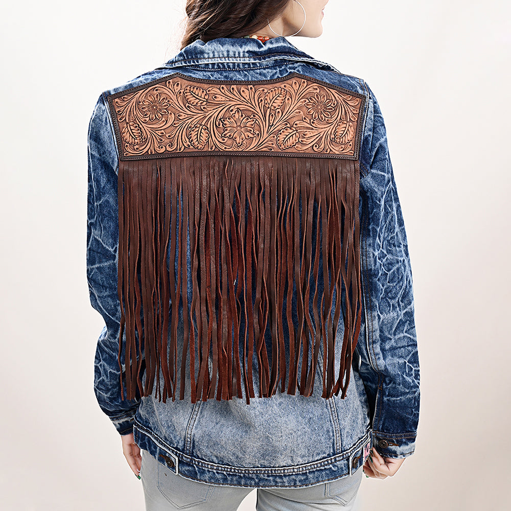 ADJKT020 Genuine leather Hand tooled hand carved Women 100% cotton Denim jacket  dress ladies girl