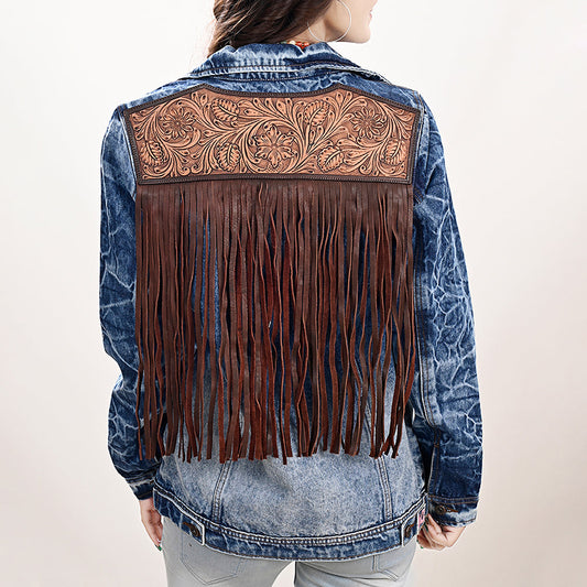 ADJKT020 Genuine leather Hand tooled hand carved Women 100% cotton Denim jacket  dress ladies girl