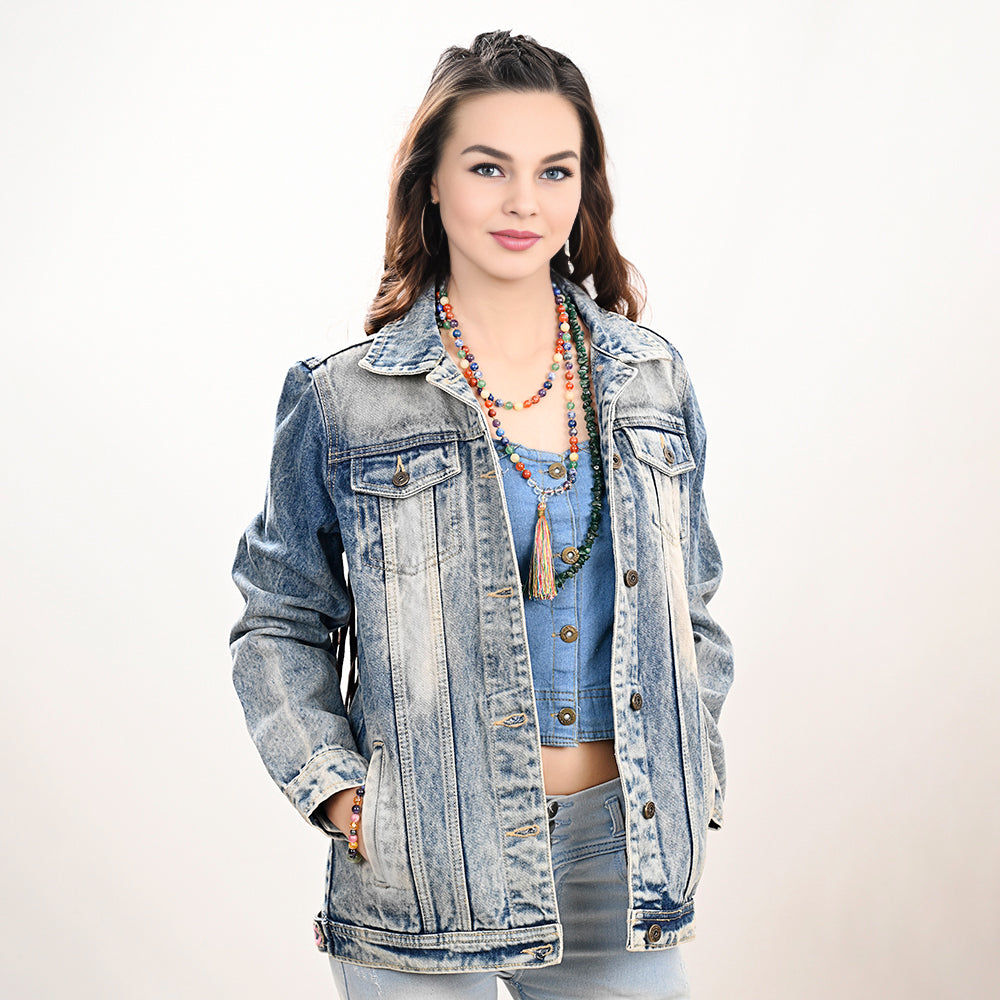ADJKT023 Genuine leather Hand tooled hand carved Women 100% cotton Denim jacket  dress ladies girl