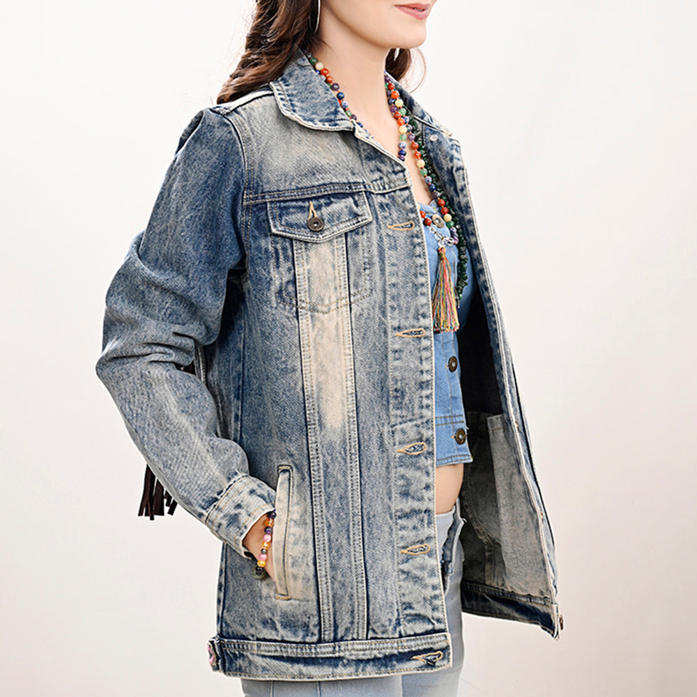 ADJKT023 Genuine leather Hand tooled hand carved Women 100% cotton Denim jacket  dress ladies girl