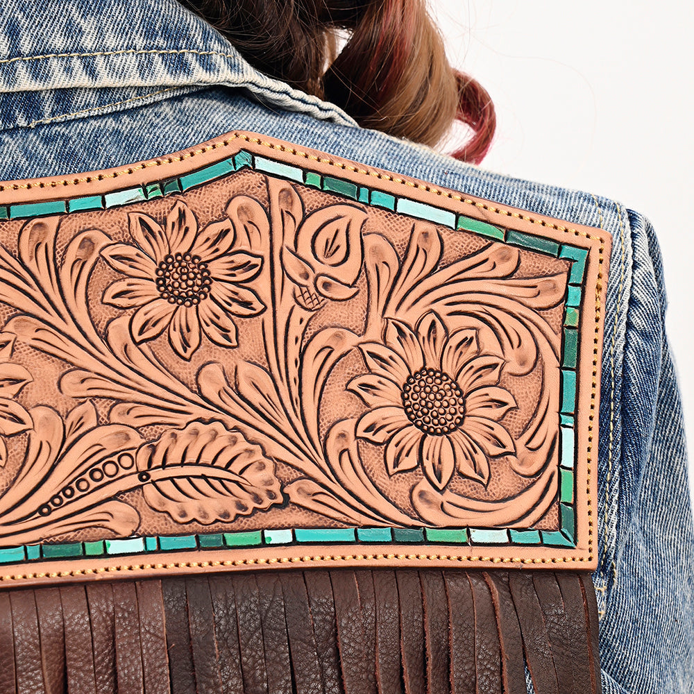 ADJKT023 Genuine leather Hand tooled hand carved Women 100% cotton Denim jacket  dress ladies girl