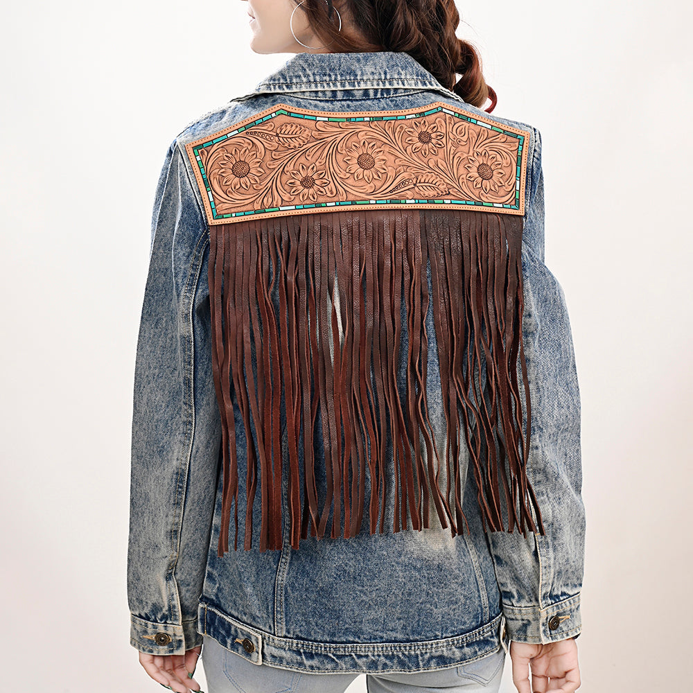 ADJKT023 Genuine leather Hand tooled hand carved Women 100% cotton Denim jacket  dress ladies girl