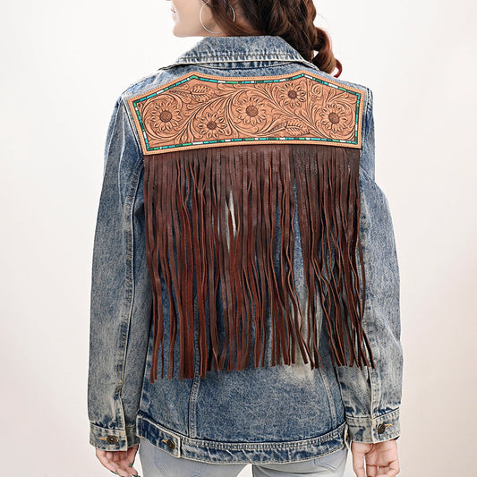 ADJKT023 Genuine leather Hand tooled hand carved Women 100% cotton Denim jacket  dress ladies girl