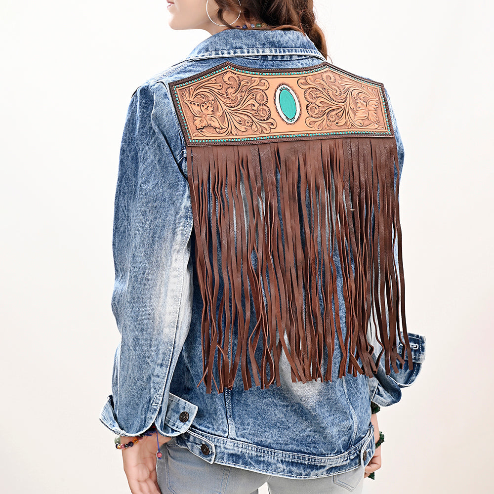 ADJKT026 Genuine leather Hand tooled hand carved Women 100% cotton Denim jacket  dress ladies girl