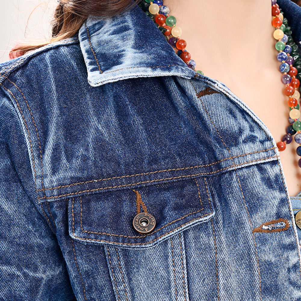 ADJKT028 Genuine leather Hand tooled hand carved Women 100% cotton Denim jacket  dress ladies girl