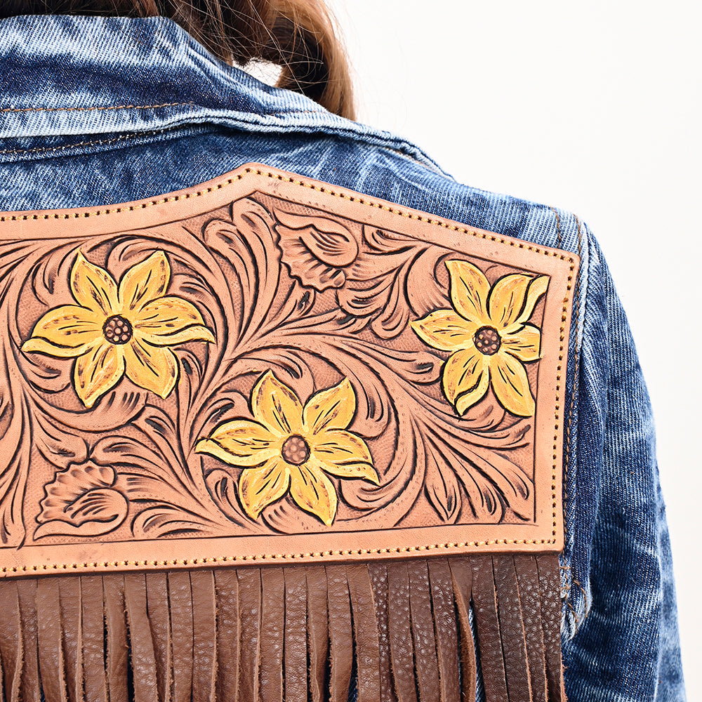 ADJKT028 Genuine leather Hand tooled hand carved Women 100% cotton Denim jacket  dress ladies girl