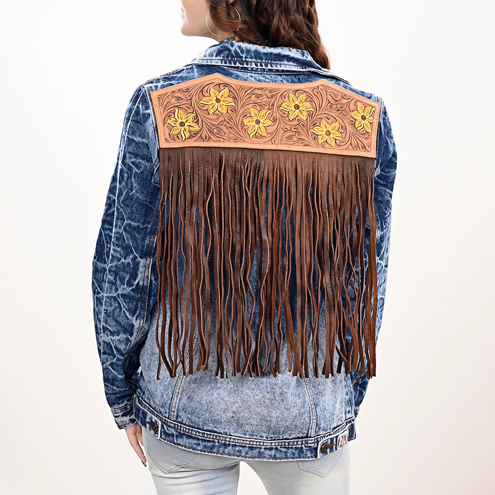ADJKT028 Genuine leather Hand tooled hand carved Women 100% cotton Denim jacket  dress ladies girl