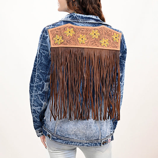 ADJKT028 Genuine leather Hand tooled hand carved Women 100% cotton Denim jacket  dress ladies girl