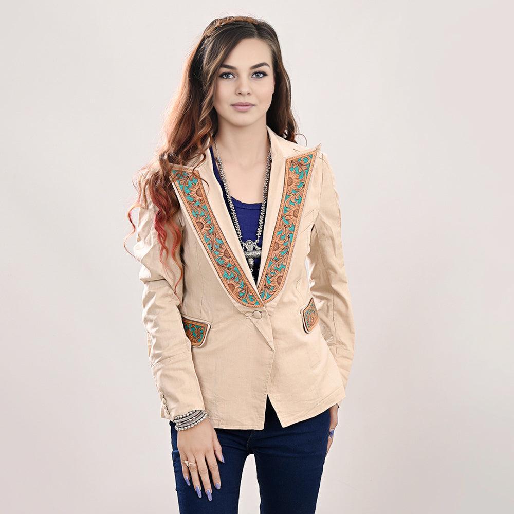 ADBZ038 Genuine leather Hand tooled hand carved Women Blazer dress jacket ladies Girl