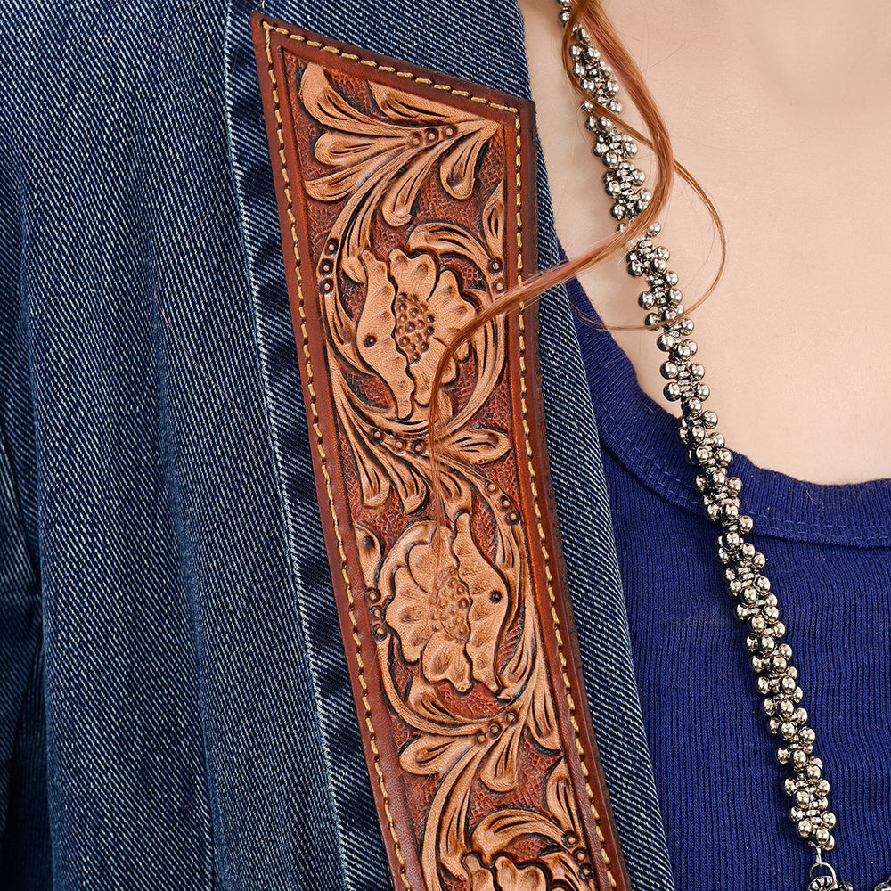 ADBZ040 Genuine leather Hand tooled hand carved Women 100% cotton Denim Blazer dress jacket ladies Girl