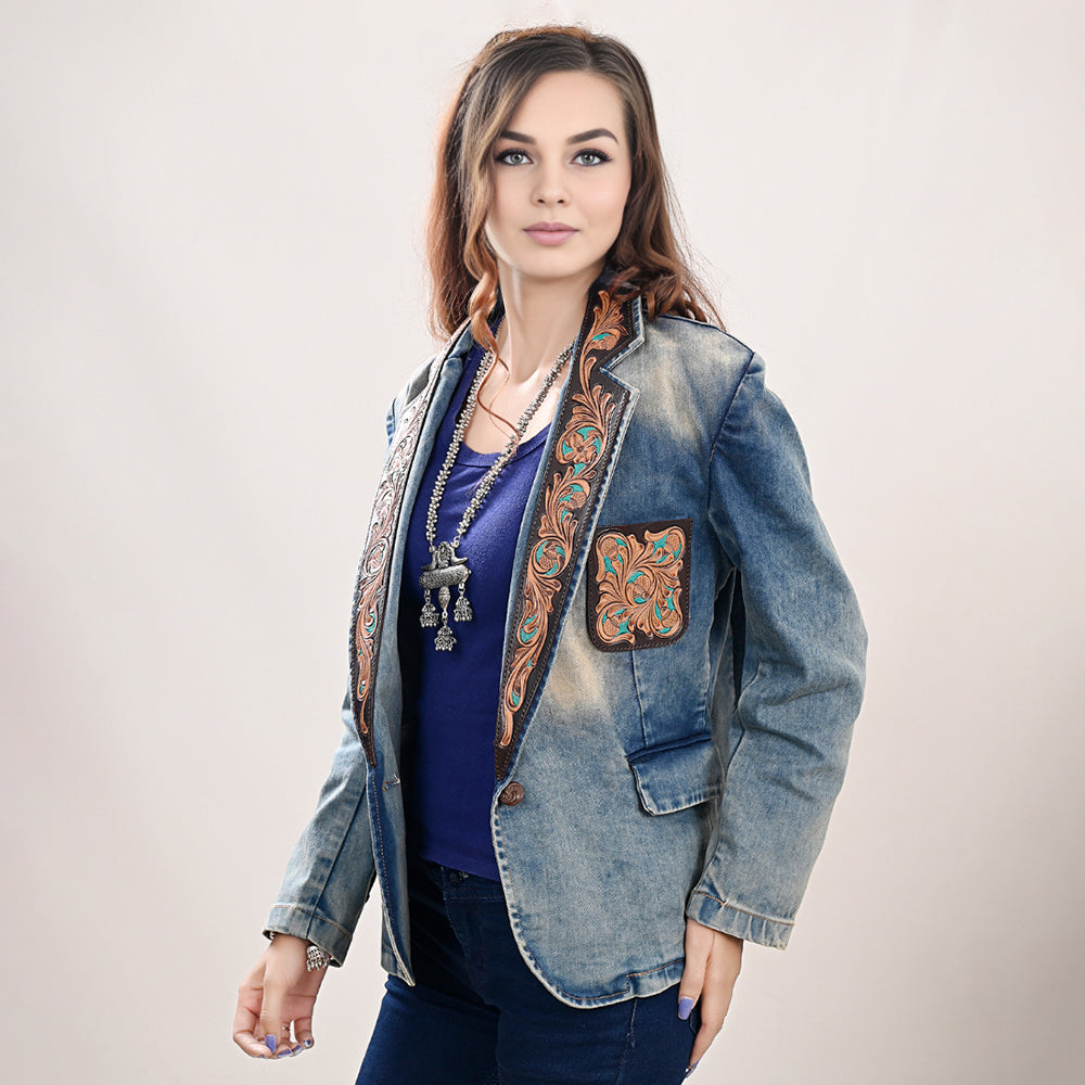 ADBZ041 Genuine leather Hand tooled hand carved Women 100% cotton Denim Blazer dress jacket ladies Girl