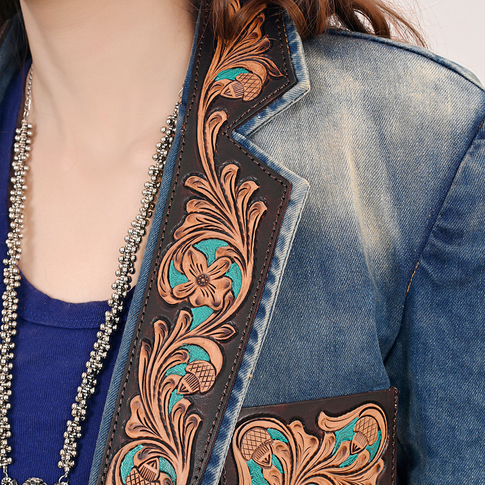ADBZ041 Genuine leather Hand tooled hand carved Women 100% cotton Denim Blazer dress jacket ladies Girl