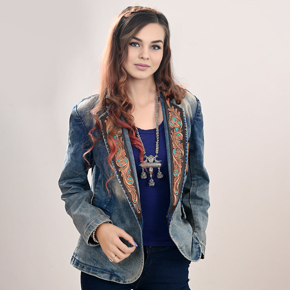 ADBZ041 Genuine leather Hand tooled hand carved Women 100% cotton Denim Blazer dress jacket ladies Girl