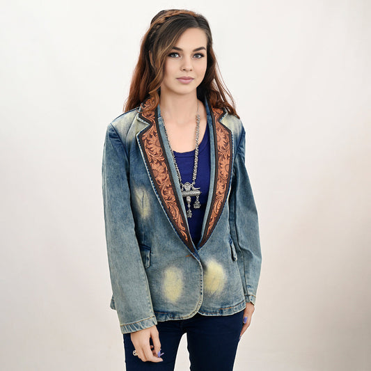 ADBZ042 Genuine leather Hand tooled hand carved Women 100% cotton Denim Blazer dress jacket ladies Girl
