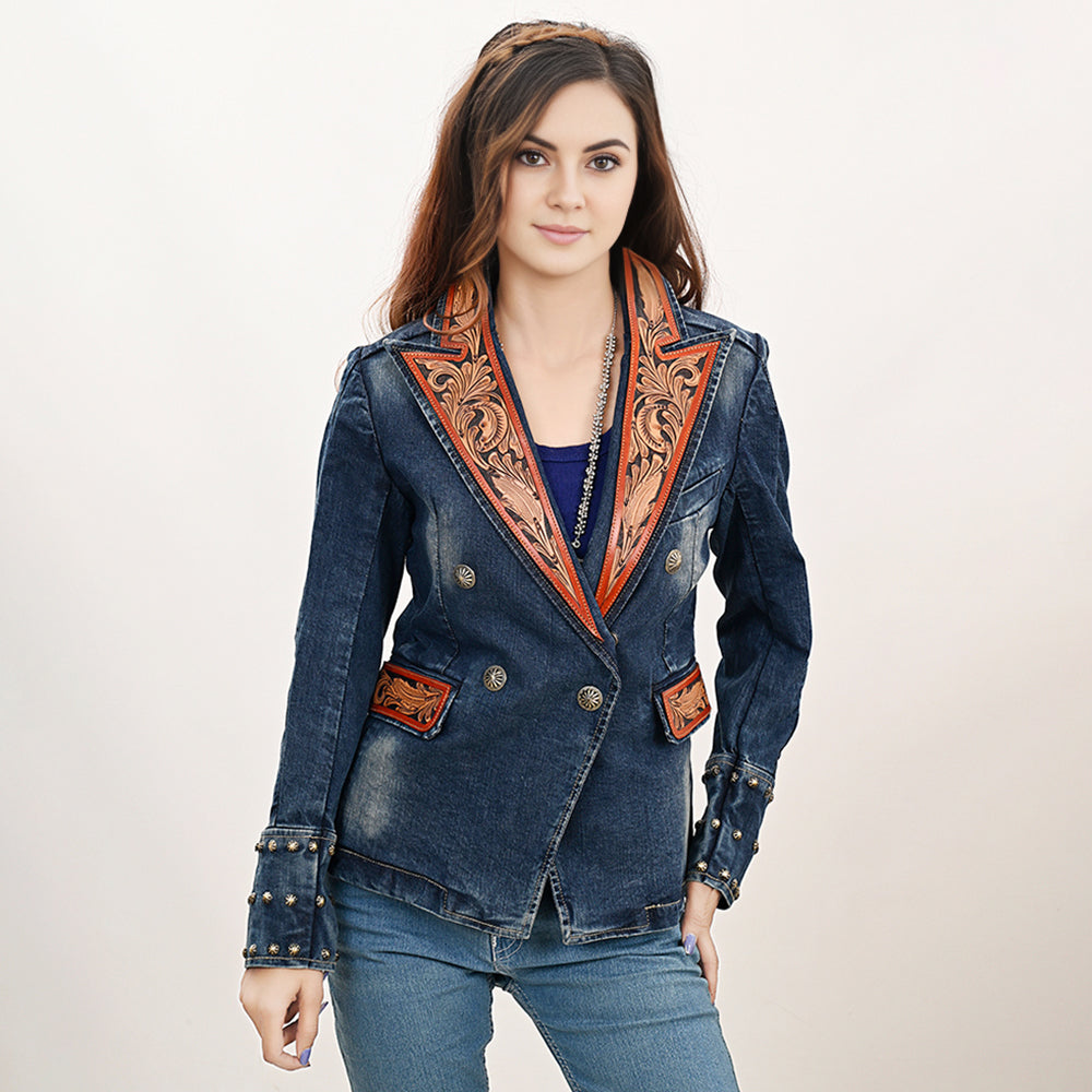 ADBZ046 Genuine leather Hand tooled hand carved Women 100% cotton Denim Blazer dress jacket ladies Girl