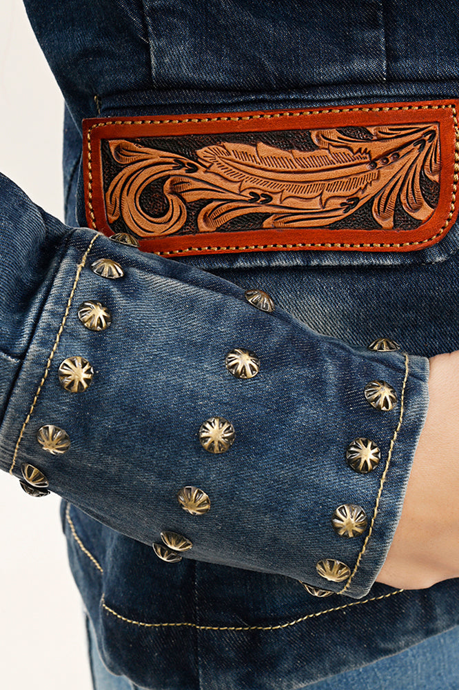 ADBZ046 Genuine leather Hand tooled hand carved Women 100% cotton Denim Blazer dress jacket ladies Girl