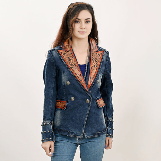 ADBZ046 Genuine leather Hand tooled hand carved Women 100% cotton Denim Blazer dress jacket ladies Girl
