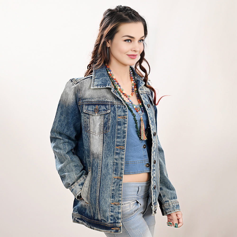 ADJKT030 Genuine leather Hand tooled hand carved Women 100% cotton Denim jacket  dress ladies girl