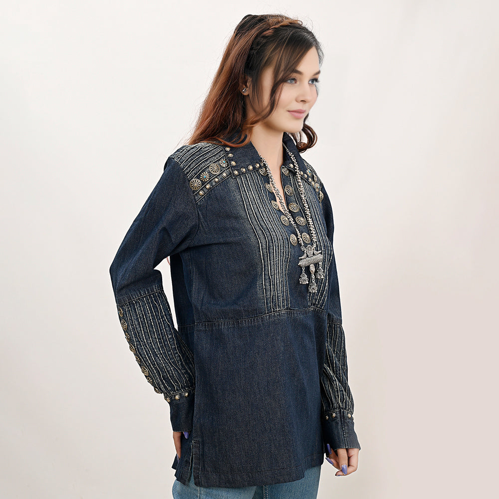 American Darling ADDR001 100% Cotton Denim Women Shirt Jacket Dress Ladies Girl Top