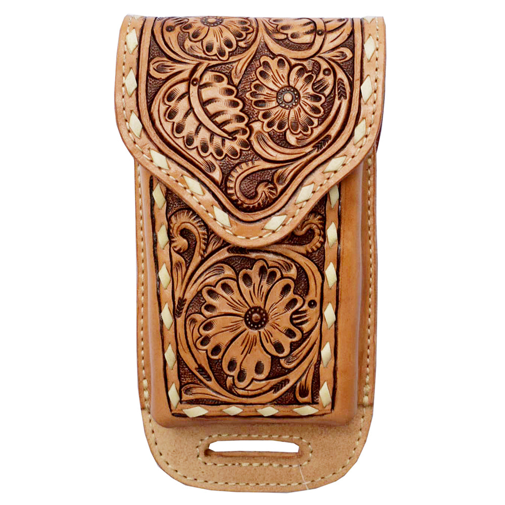 Hilason Western Horse Basket weave Floral Genuine Leather Cell Phone Case Tan