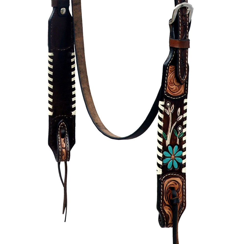 Hilason Horse Floral Hand Painted American Leather Breast Collar Headstall Dark Brown