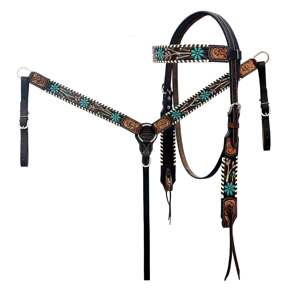 Hilason Horse Floral Hand Painted American Leather Breast Collar Headstall Dark Brown