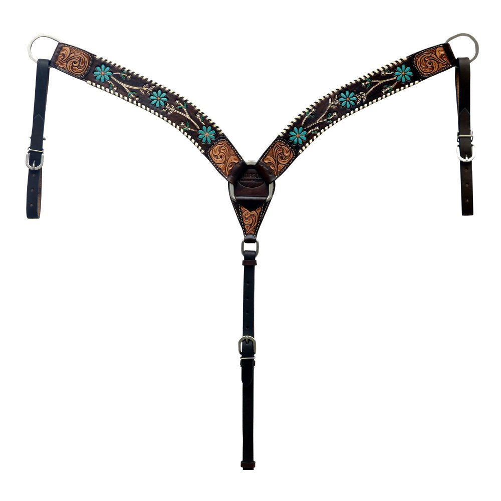 Hilason Horse Floral Hand Painted American Leather Breast Collar Headstall Dark Brown