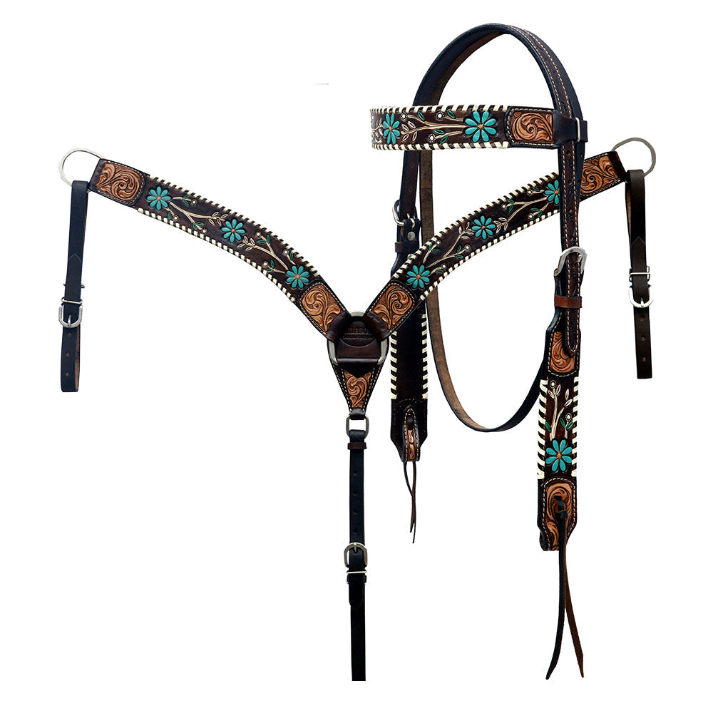 Hilason Horse Floral Hand Painted American Leather Breast Collar Headstall Dark Brown