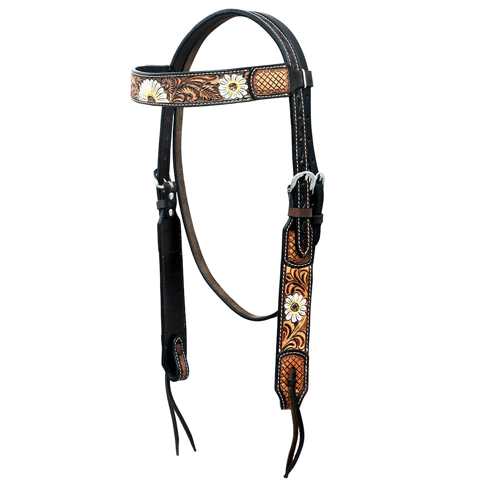 Hilason Horse Floral Hand Painted American Leather Breast Collar Headstall Fringes Brown