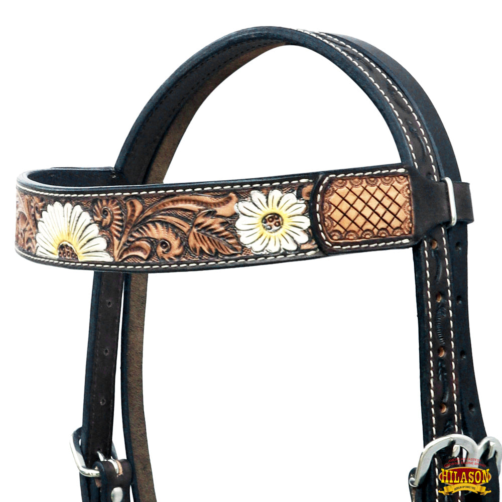 Hilason Horse Floral Hand Painted American Leather Breast Collar Headstall Fringes Brown