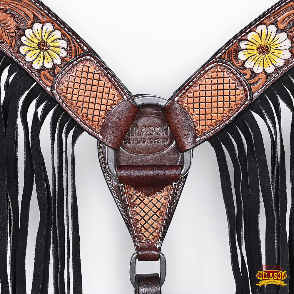 Hilason Horse Floral Hand Painted American Leather Breast Collar Headstall Fringes Brown
