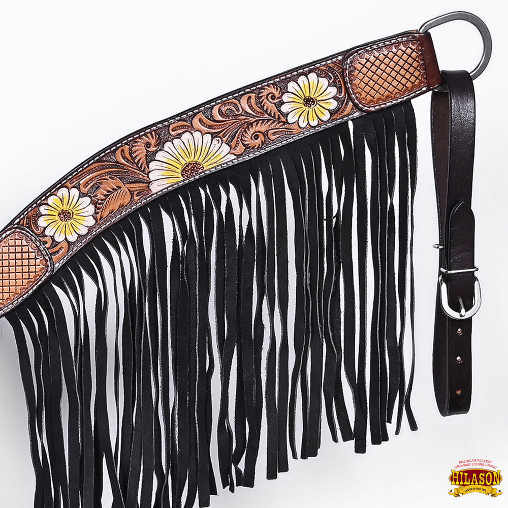Hilason Horse Floral Hand Painted American Leather Breast Collar Headstall Fringes Brown