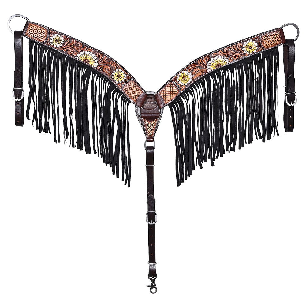 Hilason Horse Floral Hand Painted American Leather Breast Collar Headstall Fringes Brown