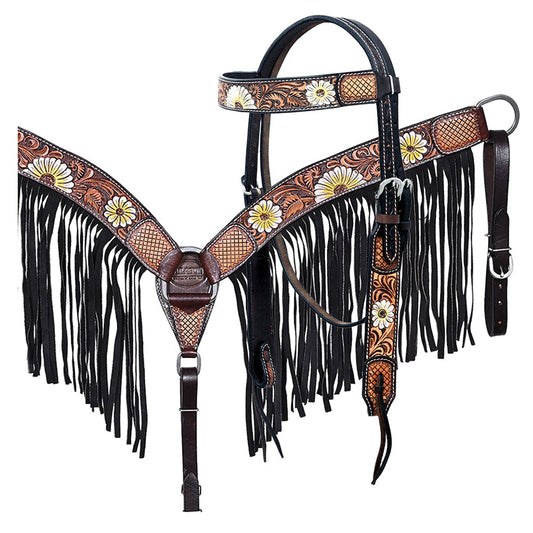 Hilason Horse Floral Hand Painted American Leather Breast Collar Headstall Fringes Brown