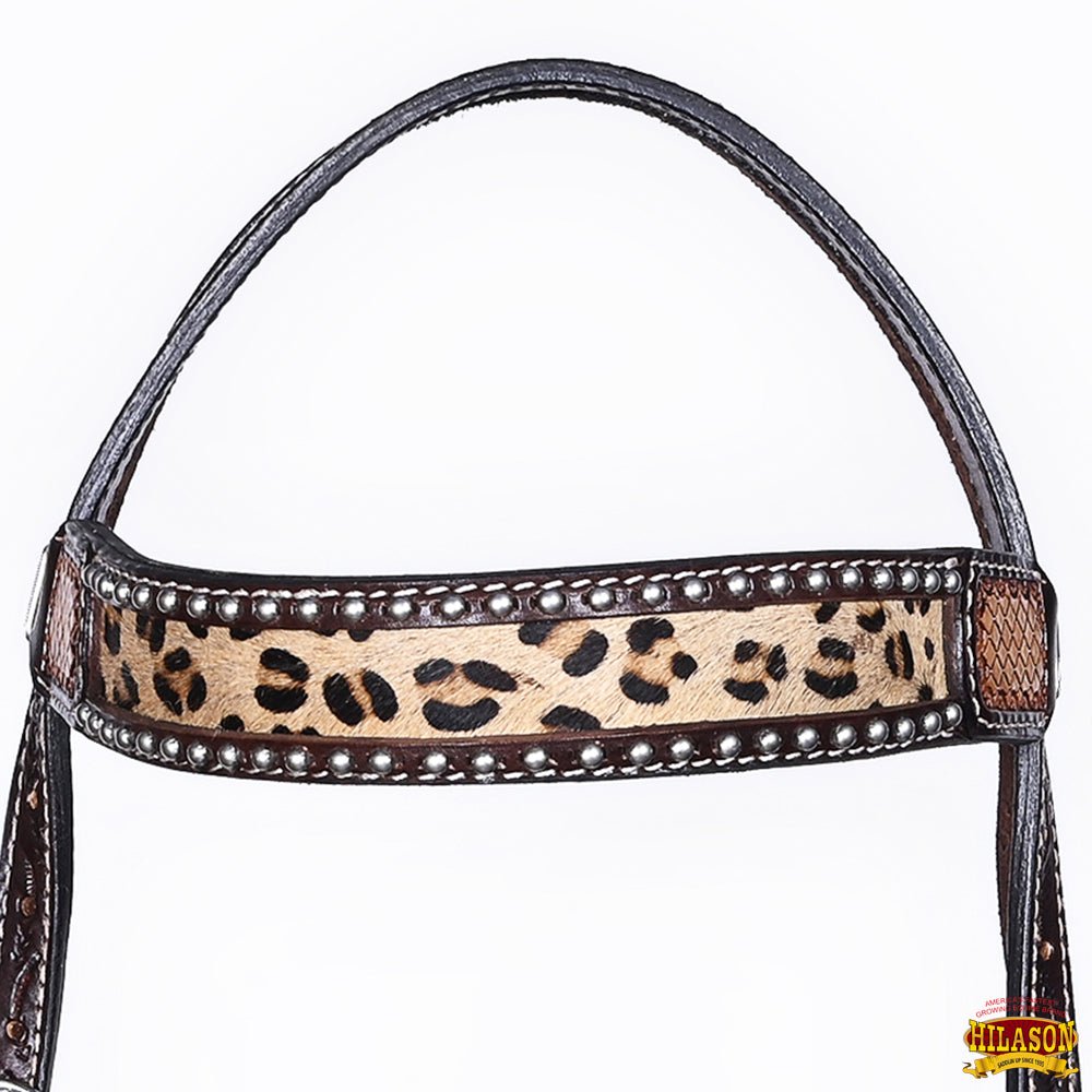 Hilason Western Horse Hand Tooled American Leather Breast Collar Headstall Cheetah Print Dark Brown