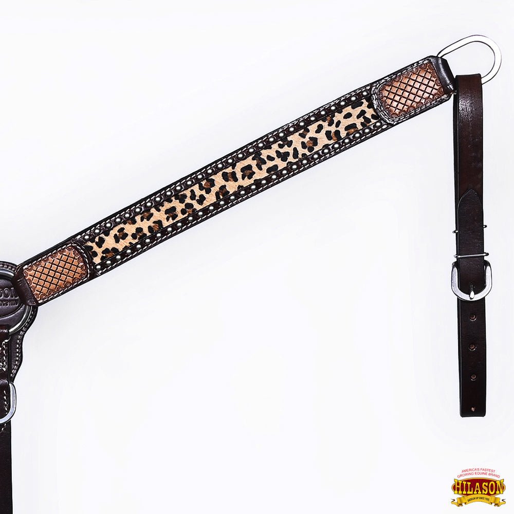 Hilason Western Horse Hand Tooled American Leather Breast Collar Headstall Cheetah Print Dark Brown