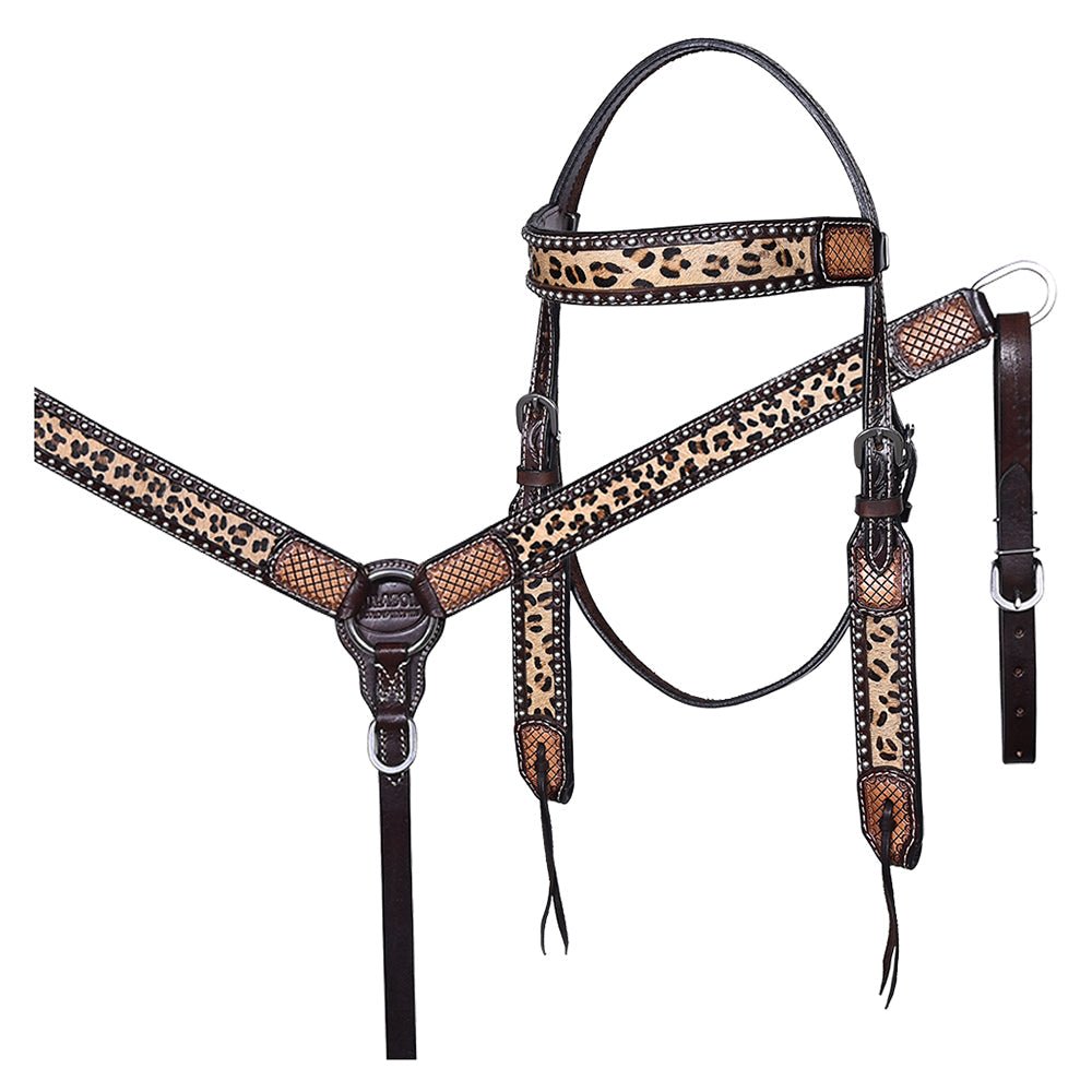 Hilason Western Horse Hand Tooled American Leather Breast Collar Headstall Cheetah Print Dark Brown