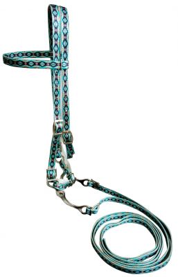 Horse Size Premium nylon Teal Southwest Print browband headstall & Reins with bit