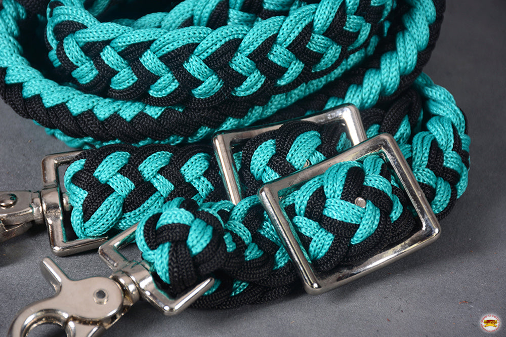 8 Ft. HILASON Braided Turquoise & Black Flat Poly Roping Rein