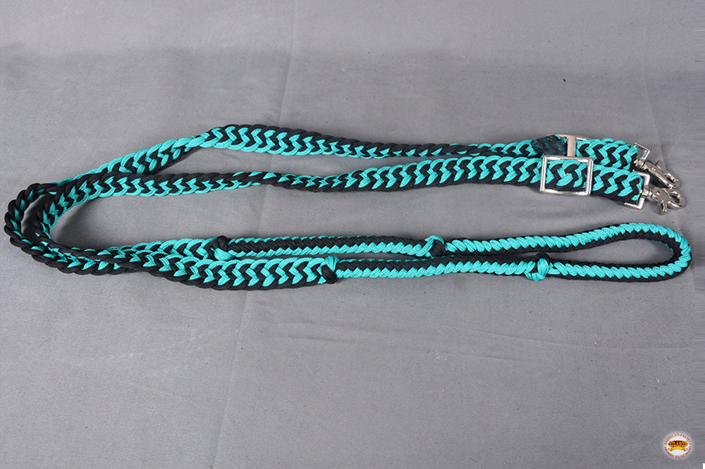 8 Ft. HILASON Braided Turquoise & Black Flat Poly Roping Rein