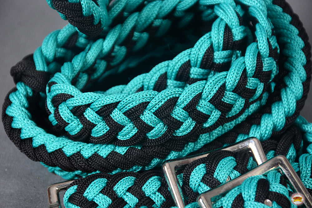 8 Ft. HILASON Braided Turquoise & Black Flat Poly Roping Rein